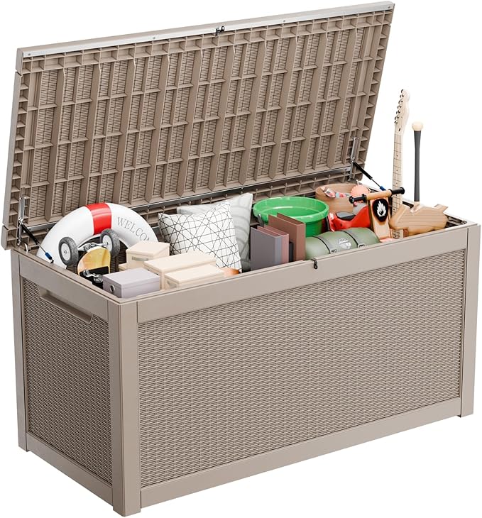 260 Gallon Large Resin Deck Box, Lockable Outdoor Storage Box for Patio Cushions Storage Furniture,Garden Tools, Pool Supplies, Weatherproof and UV Resistant- Grey Rattan (260 Gallon)