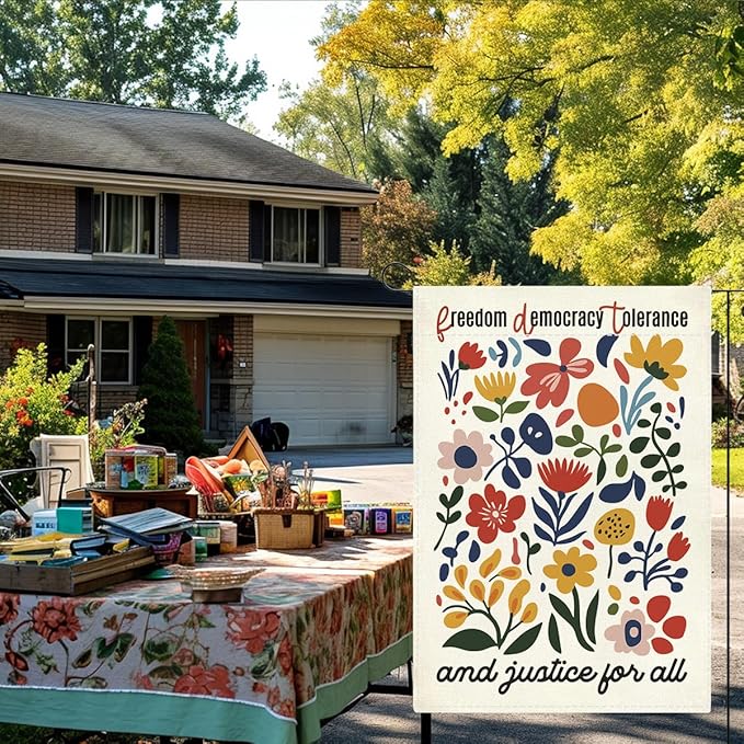 Social Justice Encourage Garden Flag Freedom Democracy Tolerance And Justice for All Decorations Small Double Sided Burlap art Stained Glass Style Garden Flags 12 x 18 Inch for Outside