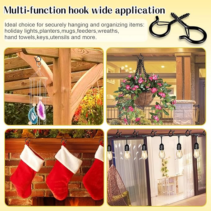 Hooks for Outdoor String Lights, 20 Pack Cup Screw Hooks for Hanging Plants Fairy Led Party Christmas Lights Garage Wind Chimes Black Q Hanger with Safety Buckle Design Easy to Release
