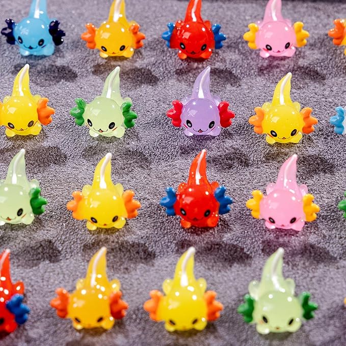 72 Pack Mini Animals Tiny Axolotl Figurines Glow in Night Bulk for Miniature Dollhouse Decor Accessories Garden Aquarium Potted Ornament Party DIY Charms Office Classroom Activity to Hide