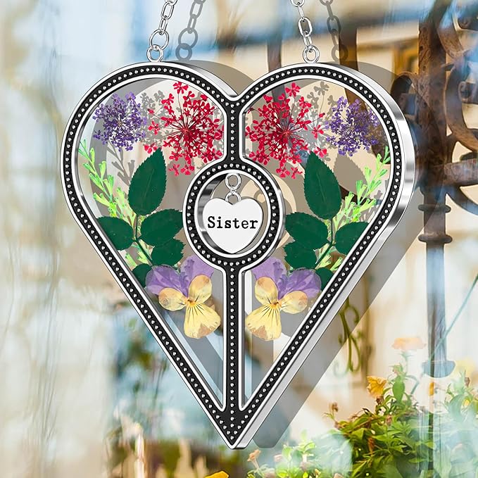 KY&BOSAM Heart Suncatcher Sister Stained Glass for windsows Hanging Wind Chimes with Pressed Real Flower Heart in Glass with Metal Trim Heart Charm Birthday Gift for Sister Mothers Day Christmas Decor