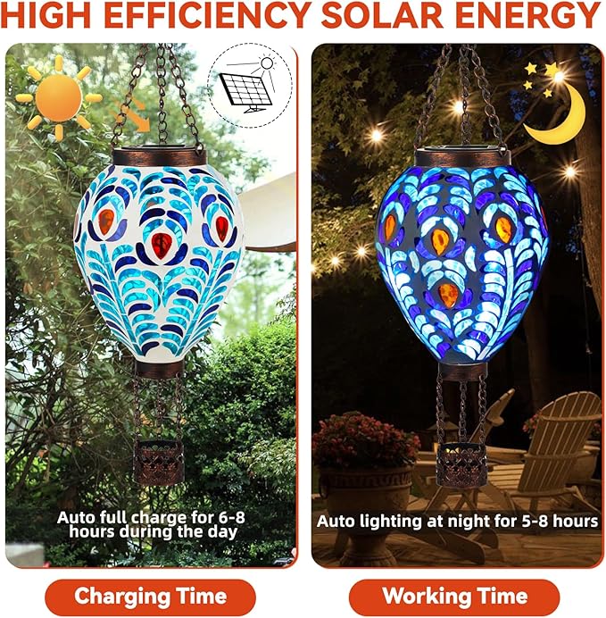 VOREEN Hot Air Balloon Solar Lantern, Mosaic Solar Outdoor Hanging Wind Light, Waterproof, Patio Festive Decor, Easter Gifts for Mom Father Grandma, Peacock Feather Design