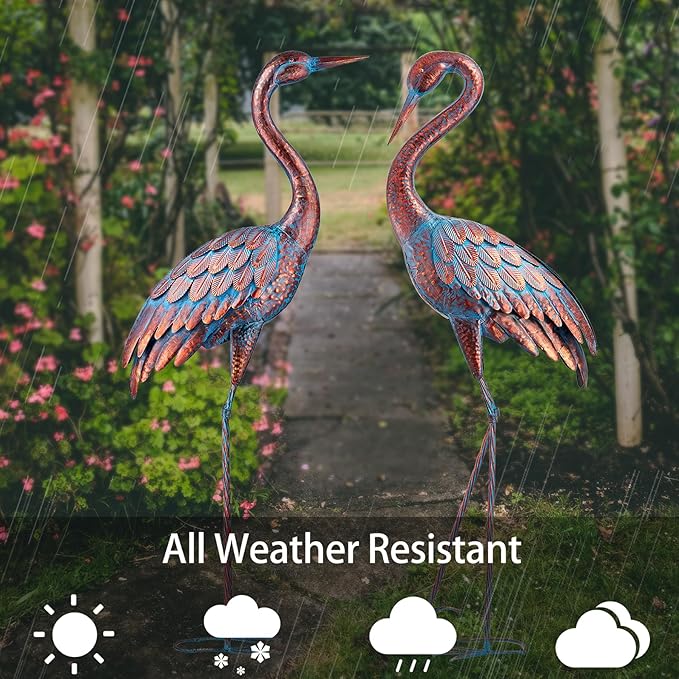 Kircust Garden Crane Statues Patina Heron Decoy, Standing Metal Crane Sculptures Bird Yard Art for Outdoor Decor, Set of 2