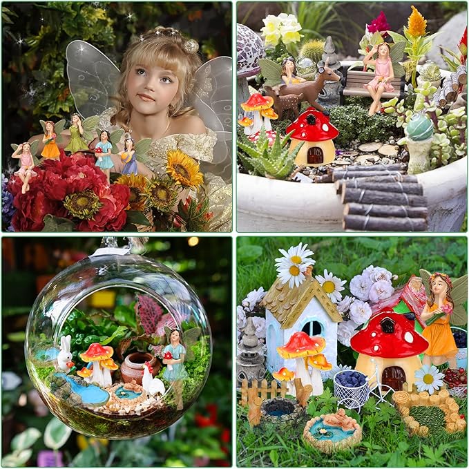 Unittype 19 Pcs Miniatures Fairy Gnome Resin Figures Garden Accessories Mushroom House Figures Fake Pond Lawn Bridge Figurines Terrarium Ornaments Garden Decoration for Outside(Fairy)