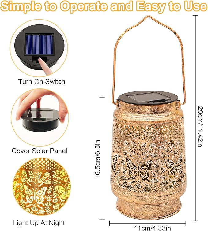 2 Pack Solar Lanterns Outdoor Garden Decor with Shepherd Hook, Gardening Gifts for Mom Grandma Women Butterfly Metal Decor Lantern Waterproof Solar Lights LED Decorative for Garden Yard Patio