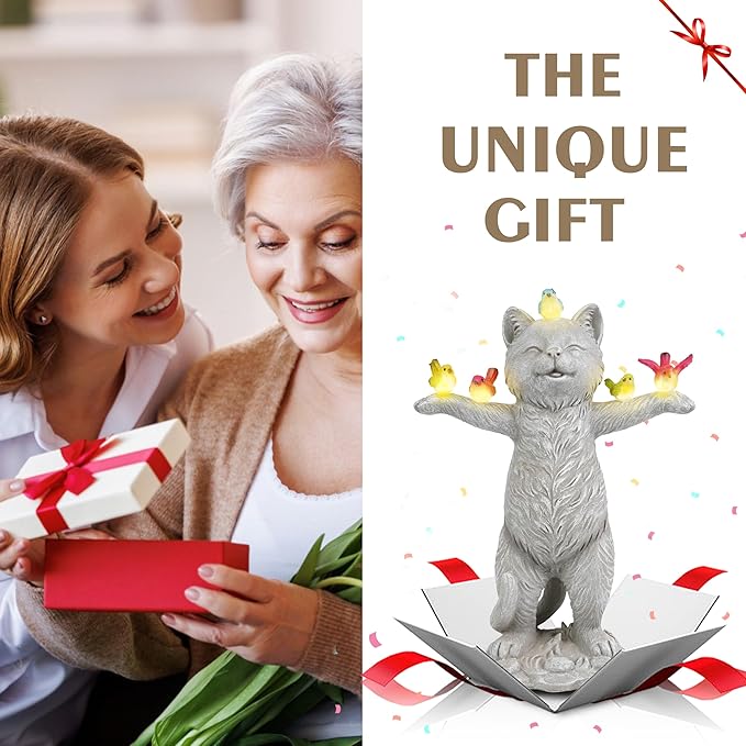 MININOVA Solar Outdoor Decorations Garden Statue Cat Figurines with Birds for Yard Patio Balcony Lawn Outside Ornaments Gifts for Women Mother Kids