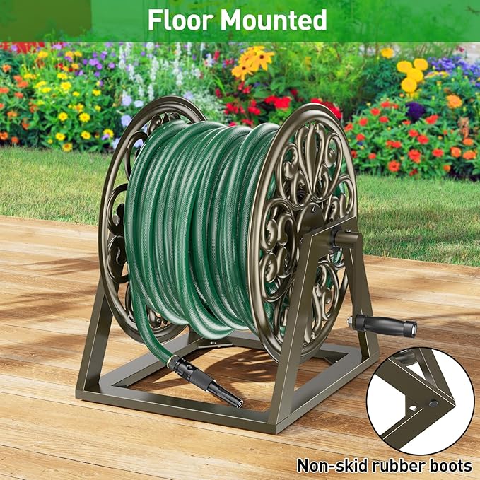 GOFORWILD Garden Wall/Floor Mount Hose Reel, Decorative Hose Reel, Garden Heavy-Duty Water Hose Holder Winder, Holds 200-Feet of 5/8-Inch Hose
