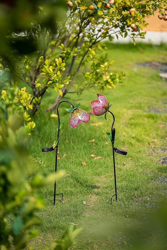 TERESA'S COLLECTIONS Flower Solar Outdoor Lights Garden Decor for Outside, 27-29.5'' Metal Tulip Yard Decorations Outdoor, Garden Stake Decorative for Porch Patio Decor, Set of 2, Gift for Christmas