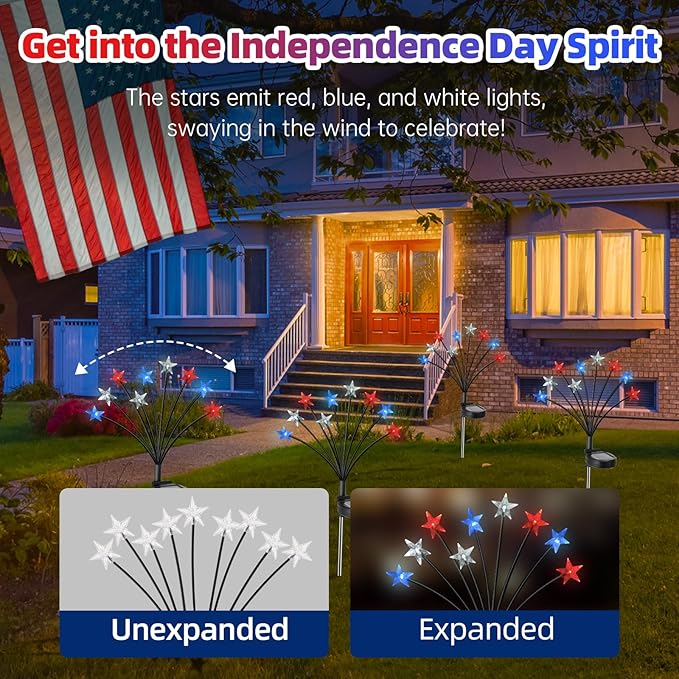 4th of July Decorations Solar Garden Lights, Fourth of July Red White and Blue Light Solar Lights Outdoor, Waterproof Patriotic Decor with 9 LED 2 Lighting Modes for Independence Day, 2 Pack