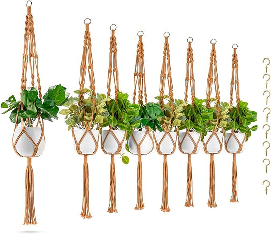Sorbus Macrame Plant Hanger (8 Pack) Indoor Outdoor Hanging Plant Pots Cotton Rope, Elegant for Home, Patio, Garden (Brown)