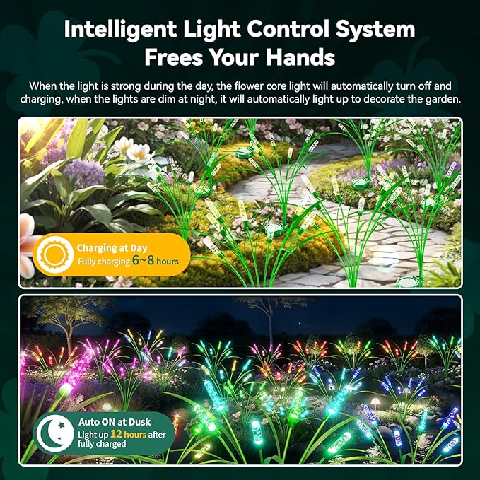 2 Packs Reeds Solar Garden Light With Multiple Color Gradients, 30 Inch, 12 Bulbs, Intelligent Control System, IP65 Waterproof, Outdoor Solar for Decorating Pathway