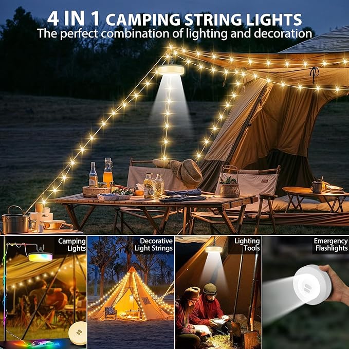 Camping String Lights, 4 in 1 Quick Storage 32.8FT Rechargeable Tent Lights with 6 Modes Hanging Waterproof Camp Lamp Camping Essentials for AwnTent Hiking Garden Bedroom Festival (Warm White)-2Pack