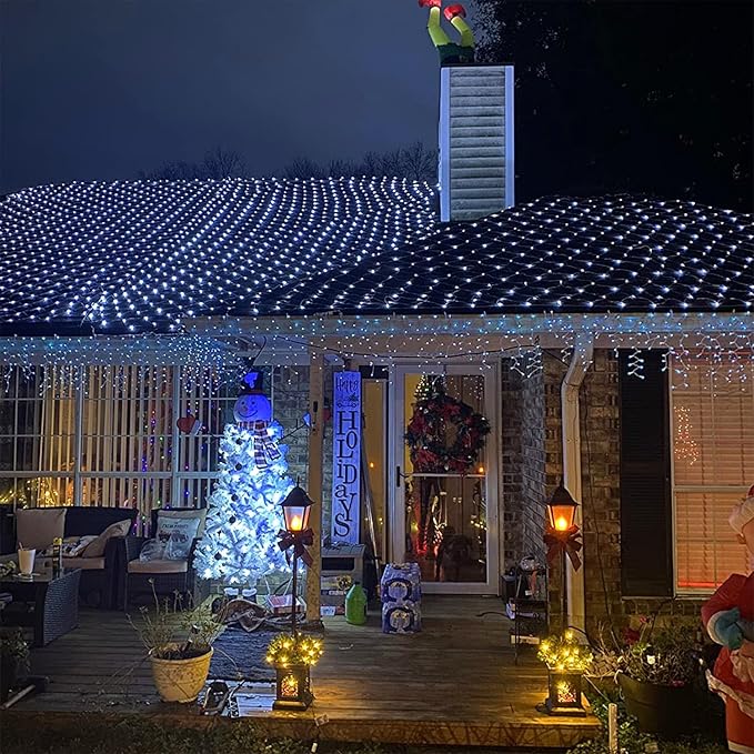 LJLNION Christmas Net Lights, 360 LED 12ft x 5ft Connectable Mesh Fairy String Lights, 8 Modes Low Voltage Safe Adaptor for Xmas Trees, Bushes, Wedding, Outdoor Holiday Garden Decorations, Cool White