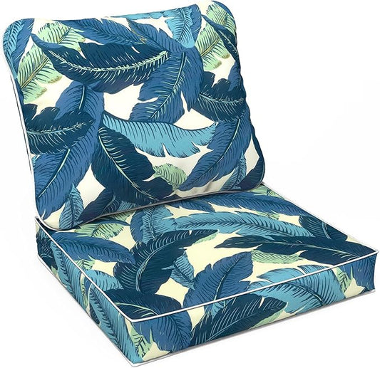 LVTXIII Outdoor Deep Seat Cushion 24"x24"x4" Patio Seat and Back Cushion Set Seasonal Chair Cushion for Dining Arm Chairs, Wicker Chairs and Garden Furniture Decoration, Swaying Palms Blue