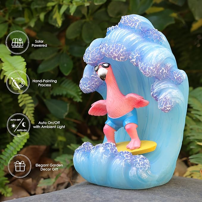 Pink Flamingos for Yard-Garden Statues Solar Outdoor Decor - Surfing Hawaii Beach Yard Art Light up Sea Wave Decor for Patio Lawn Yard