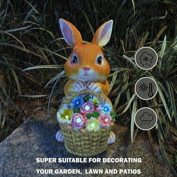 Solar Garden Statues Rabbit & Flowers Decor Outdoor Indoor with 5 LED Light, Unique for Women,Mom,Grandma,Girls, Bunny Lawn Decorations Statue for Patio,Yard Ornament,Gardening