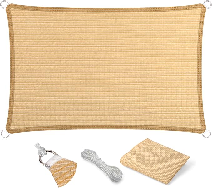 Eden's Decor Straight Flat-Edged Sun Shade Sail Rectangular 7' x 14' Beige UV-Blocking Outdoor Canopy Fabric Cloth Awning for Pergola Patio Garden Backyard Custom Size