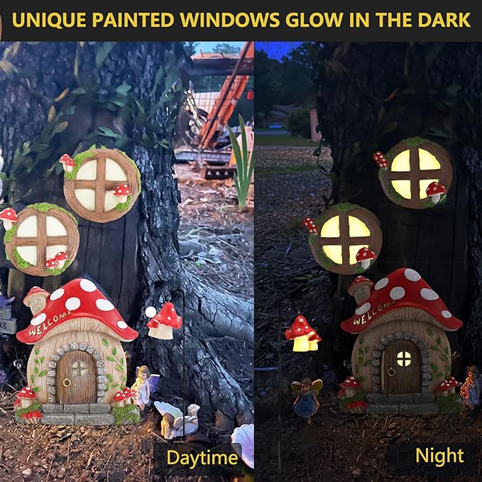 Miniature Fairy Garden Accessories Christmas Decorations Mushroom Fairy Door and Windows for Trees, Glow in The Dark Yard Garden Sculpture Lawn Ornament Outdoor Decor Accessories with Fairy Lantern