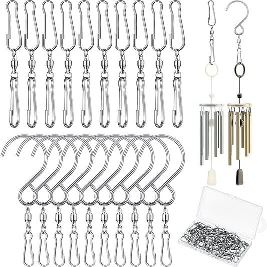 Wind Spinner Swivel Hooks 360 Degree Dual Spinning Windsock Chime Supplies Hanger Swivels Clip Hanging Hooks with Storage Box for Wind Spinners Supply, 2 Styles (Metal Color,20 Pieces)