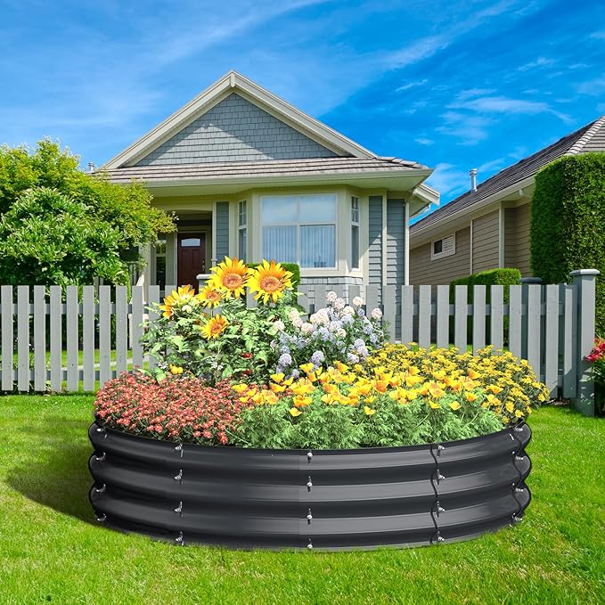 Round 4x4x1 FT Galvanized Raised Garden Bed Kit, Large Metal Planter Box for Outdoor Gardening, Garden Bed for Vegetables Flower Herb(Midnight Gray)