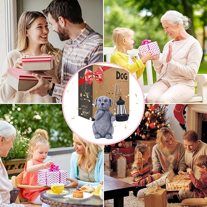 Dog Statue with Solar Lantern - Outdoor Decor Dog Figurines for Garden Lawn Patio Balcony, Outdoor Statues Unique Gifts for Women Moms Grandma