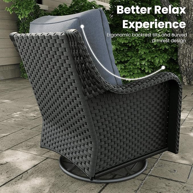 8 Pieces Outdoor Patio Furniture Sets with Rocking Swivel Chairs with 6-inch Thick Cushion and Fire Pit Table for Deck Lawn