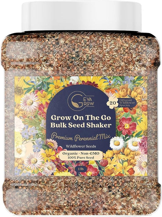 Bulk Wildflower Seed Shaker – Perennial Flower Seeds Mix to Plant Anywhere, by Geva Grow | 20 - Different Type Beautiful Perennial Wildflower Seeds Bulk 900,000+ Seeds, 1 Pound Tub