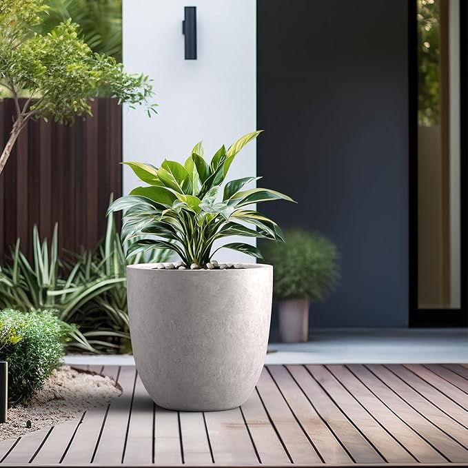 Kante 18 Inch Dia Round Concrete Planter, Indoor Outdoor Large Plant Pot with Drainage Hole and Rubber Plug for Home Patio Garden, Light Gray