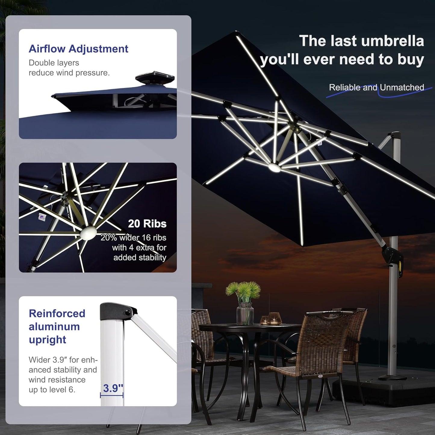 PURPLE LEAF 9' X 12' Double Top Deluxe Solar Powered LED Rectangle Patio Umbrella Offset Hanging Umbrella Outdoor Market Umbrella Garden Umbrella,Navy Blue