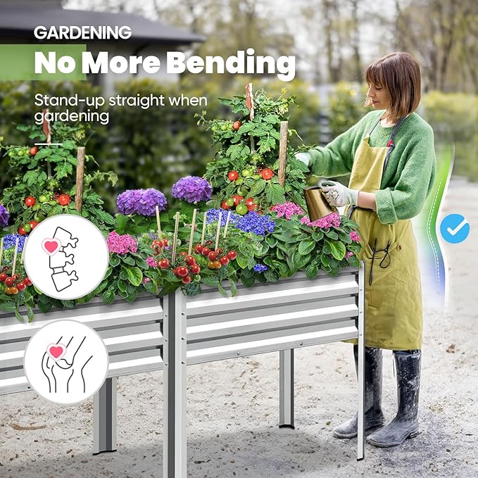 KING BIRD Raised Garden Bed with Legs Galvanized Large Elevated Planter Box for Backyard, Patio, Balcony, 600lb Capacity, Silver 70.9x22.8x31.5 in