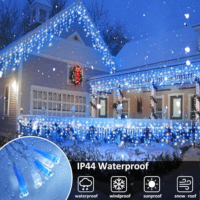 Christmas Icicle Lights Outdoor, 66Ft 640 LED Icicle Lights for Outside with 8 Modes Timers, Waterproof Plug in Twinkle String Light for Yard Eave Patio Party Holiday Decorations, Blue White