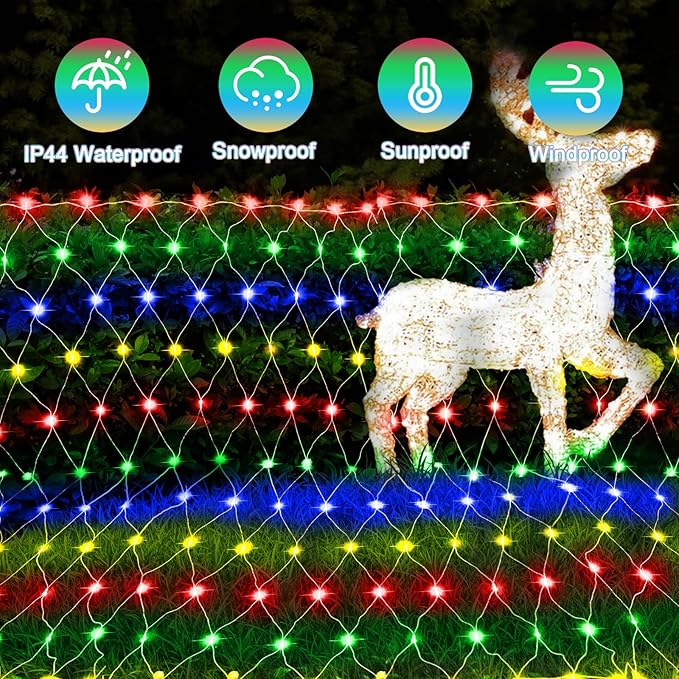 JXLEDAYY 200 LED Christmas Net Lights Outdoor Waterproof 3M*2M Mesh Lights Fairy String Lights Plug in with Timer 8 Modes for Bush Window Fence Garden Yard Roof Wall Decor-Multicolored