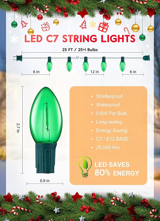 Green C7 LED Christmas String Lights, 25FT Shatterproof Christmas Lights with 25+1 Bulbs, Outdoor String Lights for Christmas Tree Patio Roofline Garden Yard Party Backyard Holiday Decorations