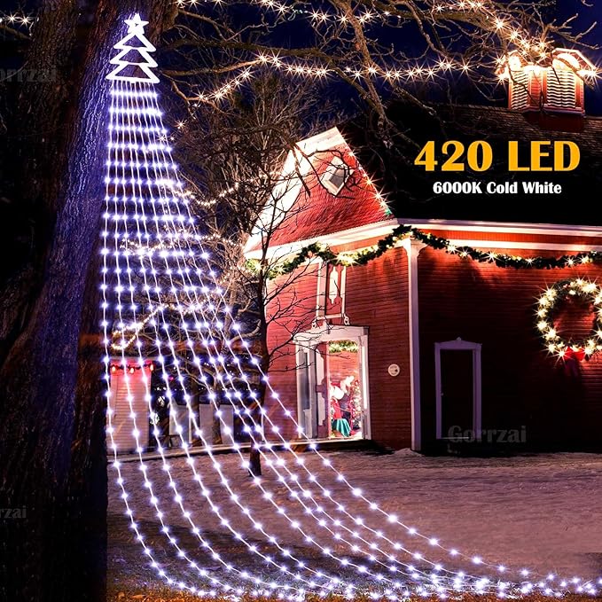 Outdoor Christmas Decorations Yard Star String Lights 420 LED Waterproof, 8 Lighting Modes Waterfall Lights for Yard Patio Garden Party (Cold White)