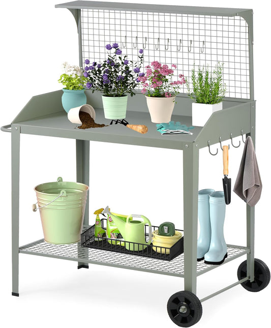 Outdoor Metal Potting Bench with Wheels, Heavy Duty Garden Workbench Table with Storage Shelf (Green, 52.8"x36.6")