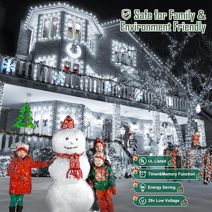 Heceltt 1140 LED 449 FT String Lights Outdoor, 8 Modes White Christmas Lights Plug in, IP44 Waterproof Led String Lights with Timer and Memory for Xmas Tree Yard Party Garden Decorations