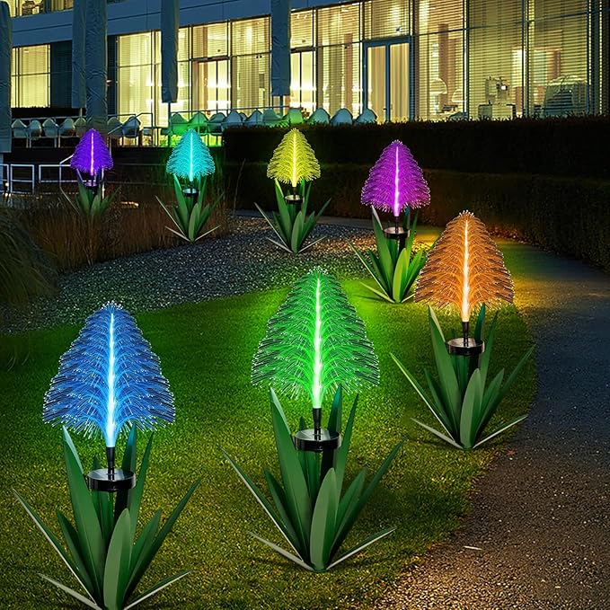 Metal Outdoor Decoration Gift Metal Agave Plants Outdoor Decor, Metal Agave Yard Art Garden Lights Solar Outdoor, 7 Color Changing Garden Yard Pathway Xmas Decor Waterproof (1pcs Green)