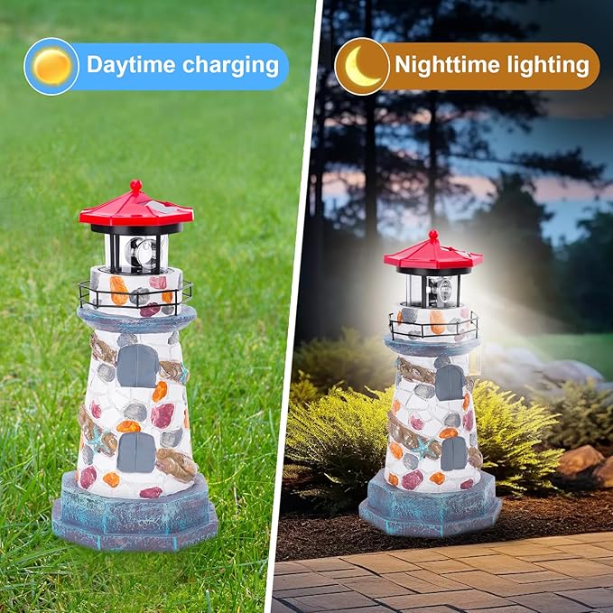 Solar Lighthouse with Rotating Beacon,11.4" Outdoor Garden Lighthouse Decor,Waterproof Statue Lighthouse Lamp for Yard Lawn Patio Gifts
