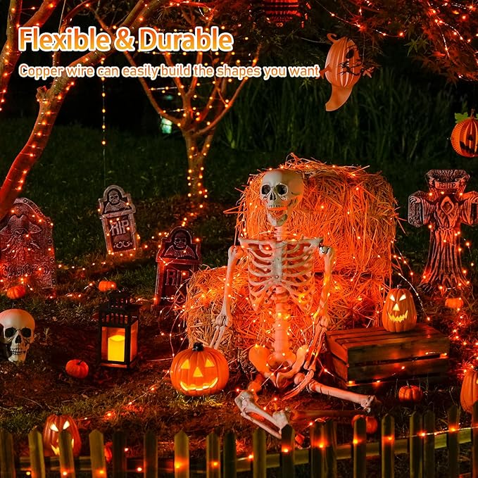 JMEXSUSS 2 Pack Orange Solar Halloween Lights, 66ft 200 LED Solar Fairy Lights Outdoor, Waterproof Solar String Lights for Tree Patio Garden Halloween Thanksgiving Decorations