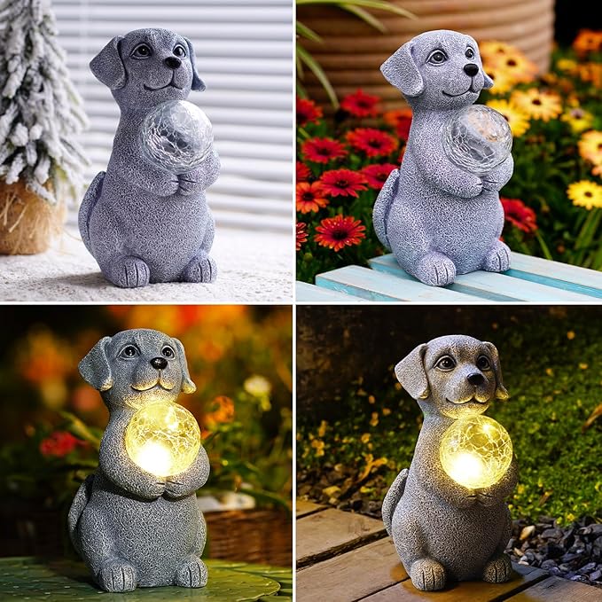 Solar Dog Garden Statues - 8.4 "Dog Decor with Gazing Ball Solar LED Lights, Unique Gifts for Mom Grandma Birthdays & Dog Lovers, Outdoor Decor for Outside Lawn Porch Patio (Gray)