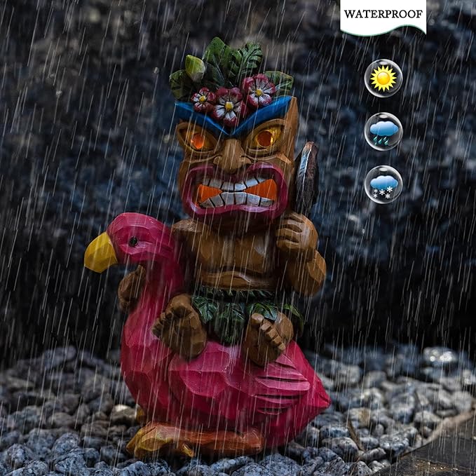 Solar Tiki Statue Flamingos Decor - Tiki Decorations Outdoor for Bar, Patio, Balcony, Yard,Lawn Ornament