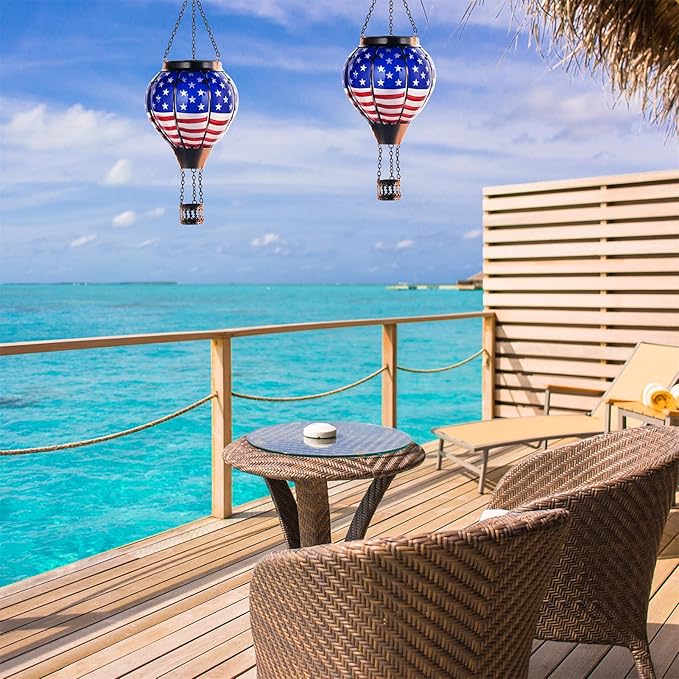 Hot Air Balloon Solar Lantern Outdoor - Flame Hanging Solar Light Waterproof Lanterns for Patio Garden Yard Farmhouse Decor, Great Gift(Flag)