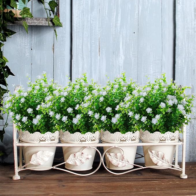 Artificial Plants Flowers Grass Shrubs 8 Pack No Fade Faux Plastic Flowers Outdoor for Vases Farmhouse Garden Porch Patio Office Indoor Wedding Decoration Greenery Fake Plants (2#White)