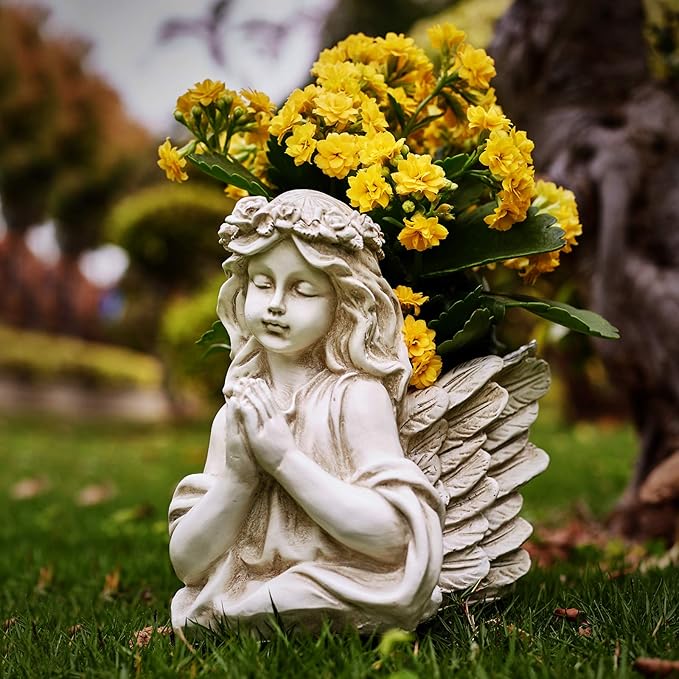 Praying Angel Bust Garden Statue Planters, Angel Wing Planters Pots Mini Vase for Patio, Lawn, Yard Art, Cemetery Grave Decoration, Resin Classical Antique, 8.26" H