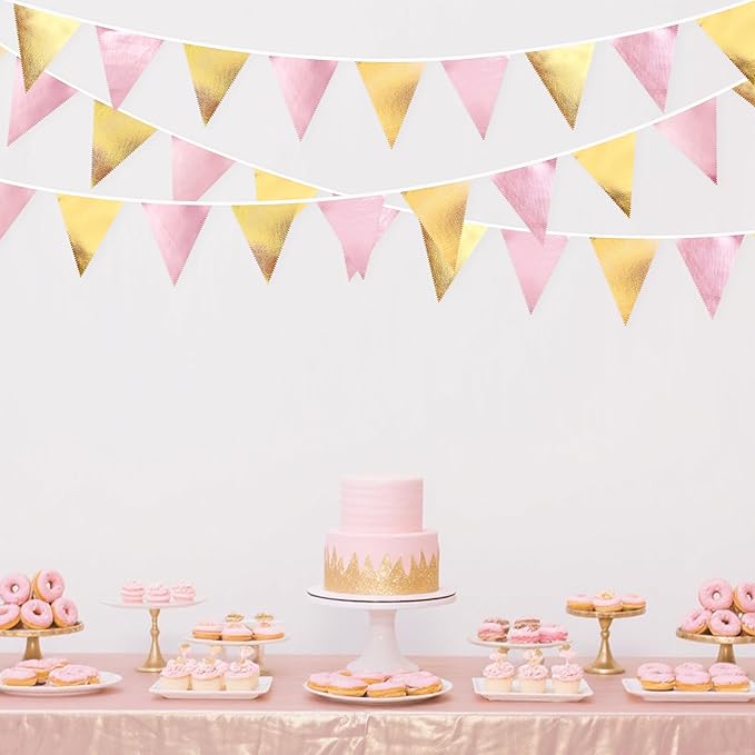 Pink Gold Party Decoration Metallic Fabric Light Pink Gold Triangle Pennant Banner Flag Bunting Garland for Women Girl Birthday Retirement Graduations Bridal Shower Wedding Baby Shower Party Supplies