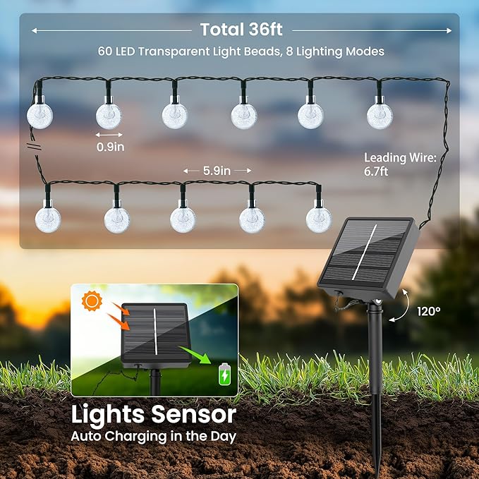 Solar Lights Outdoor Waterproof, Total 36ft 60 LEDs Crystal Globe Lights with 8 Modes, Solar String Lights for Outside, Patio Porch Garden Yard Christmas Wedding Party Decor (Purple and Orange)