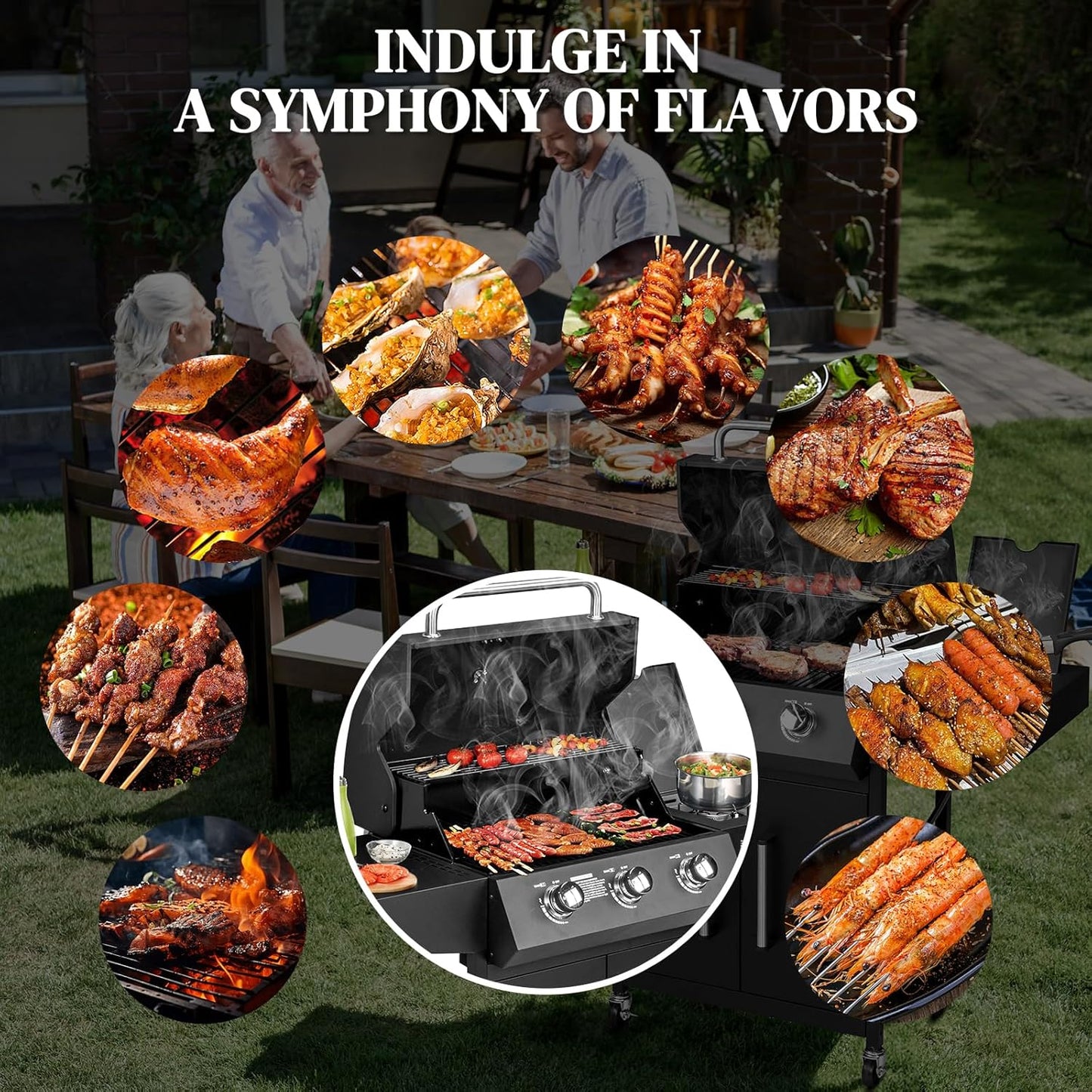 ROVSUN 3-Burner Propane Gas BBQ Grill with Side Burner & Enameled Cast Iron Grates, 46,000 BTU Barbecue Grill with Wheels for Outdoor Patio Backyard Cooking Grilling, Black