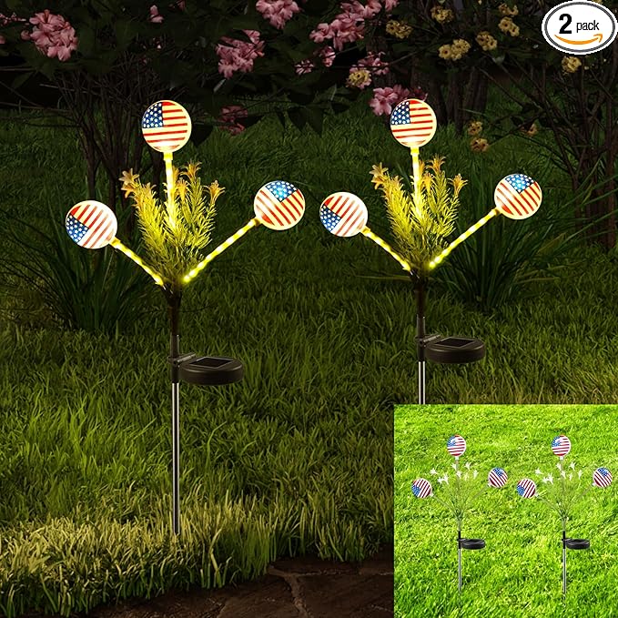Solar Lights Outdoor Waterproof, 2 Pack American Flag Garden Lights for Yard,Garden,Patio,Pathway Decoration, Landscape Ambient Lighting for Festival,Holiday,Party,Christmas Gifts New Year Decorations