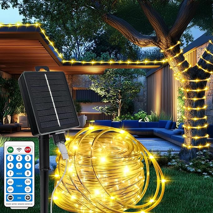Solar Rope Lights Waterproof 39FT 100LEDs,High Capacity Rechargeable Battery,Dual Charging,Outdoor String Light,Remote-Control,for Pathway Patio Garden Palm Tree Christmas (Brighter - Warm White)