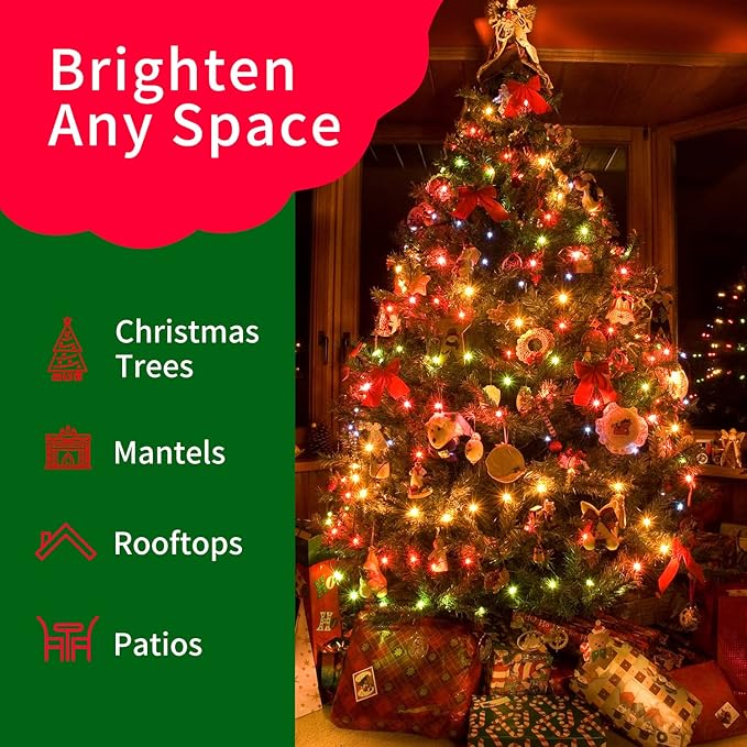 Ultra-Bright Connects End to End Multi Christmas Mini Lights 100L 19.6Ft UL Listed Incandescent Bulb String Light Set for Indoor Outdoor Holiday Garden Party Christmas Tree Garland Decor
